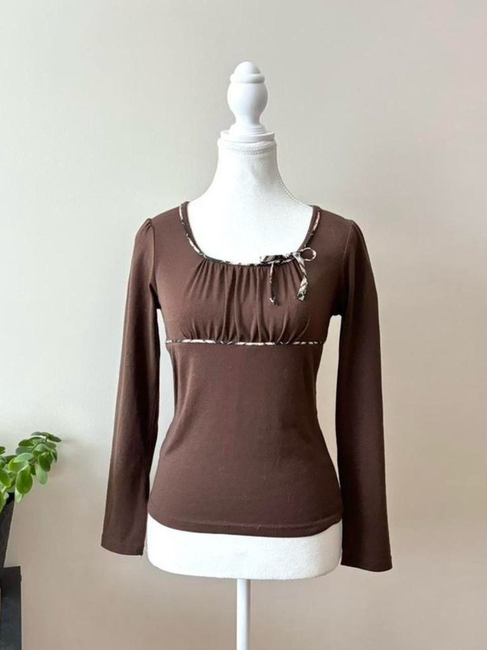 Brown Long-Sleeve Top with Ribbon Trim